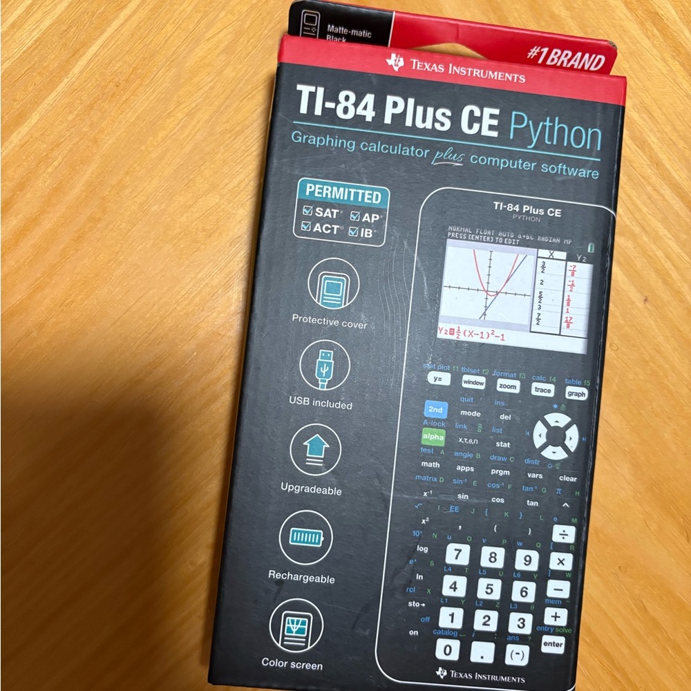 Texas Instruments Graphing Calculator Packaging with Red Accents